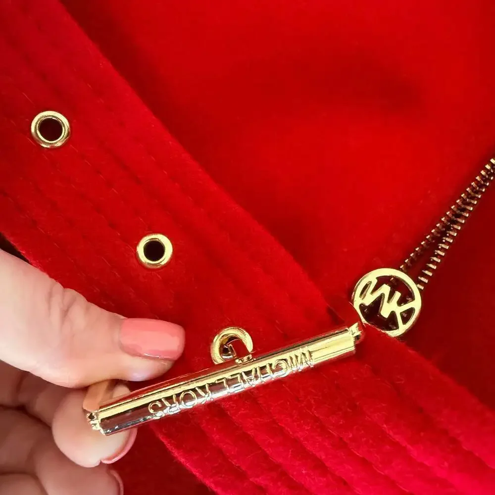 Michael Kors Red Asymmetrical Belted Wool Blend Peacoat with Gold Hardware
